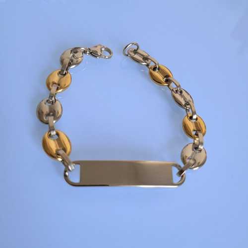 Bracelet Homme Graine de Café Bicolore Acier et Or fin Plaque Personnalisable 22cm