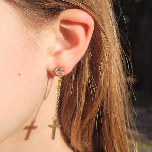 Pendientes colgantes con una cadena suspendida cruzada - Pendientes de mujer con acero dorado Zircon