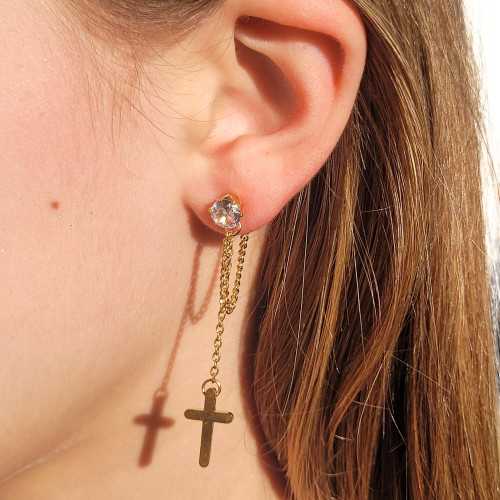 Pendientes colgantes con cadena colgante de cruz - Uñas para mujer con circón de acero dorado