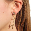 Hanging Earrings with Cross Suspended from One Chainette - Women's Earrings With Zircon Gold Steel