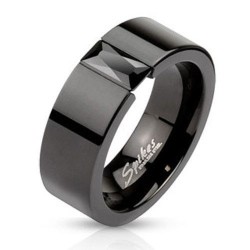 Bague de fiançailles anneau femme homme acier noir et pierre noire
