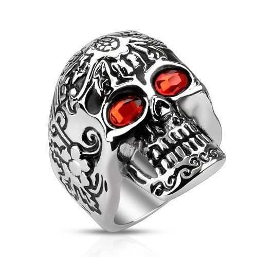 MASSIVER STAHLRING FÜR HERREN, TOTENKOPFAUGEN, GOTHIC, ROTER ZIRKON, NEU M2535