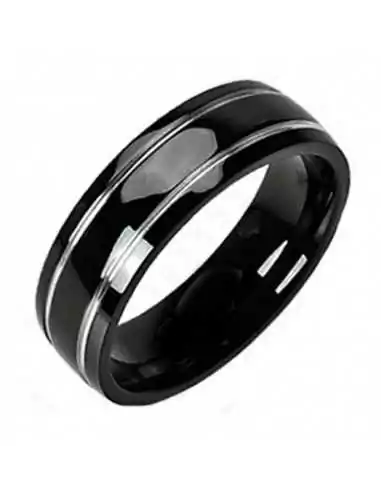 Anillo anillo para hombre en titanio negro y 2 modernas lineas plateadas