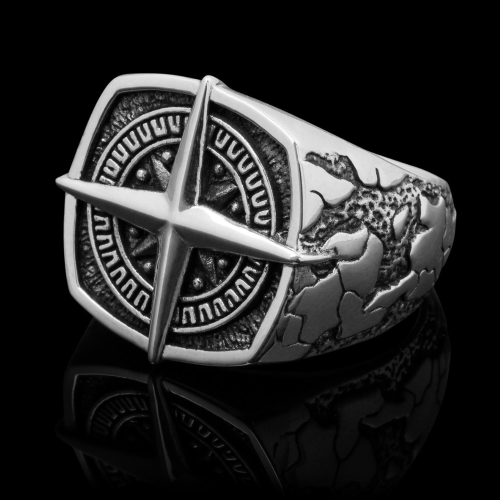 Tortuga Stainless Steel Compass Signet Ring - Men's Ring with Viking Compass