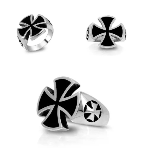 Chevalière Templier Men's Iron Cross Black Steel Ring Malta Cross Biker