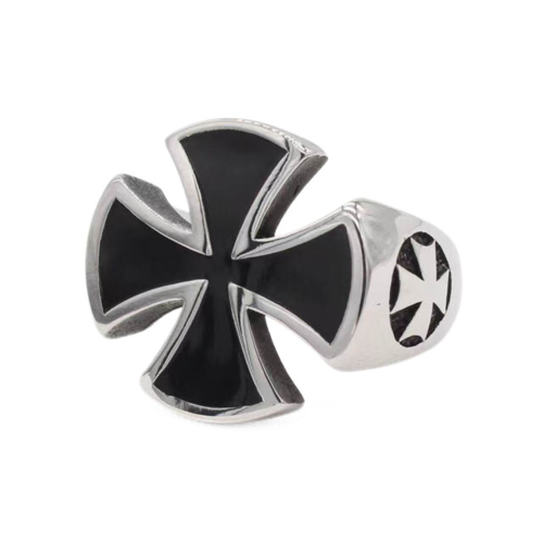 Chevalière Templier Croix de Fer Homme Acier Noire - Bague Croix de Malte Biker