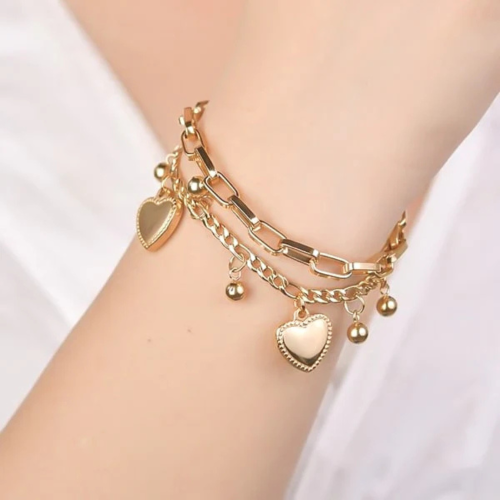 Women's Double-Mail Bracelet With Pendant Brelocs in Heart Form Gold Steel - Valentine's Day