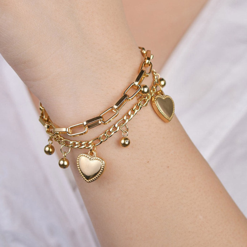 Women's Double Sleeves Bracelet With Pendant Brelocs in Heart Shape Gold Steel to offer Valentine's Day
