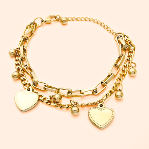 Women's Double Male Bracelet With Heart Brelocs Gold Steel