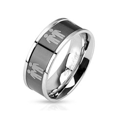 ANILLO HOMBRE ACERO Y PLACA NEGRA 2 HOMBRES SÍMBOLO GAY HOMOSEXUAL NUEVO