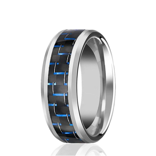 Anello anello uomo acciaio banda centrale blu e...