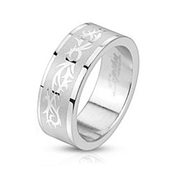 Bague anneau homme femme acier ruban motif tribal gravure en relief