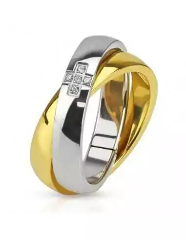 Bague anneau de fiançailles femme duo joncs acier et or orné pierre