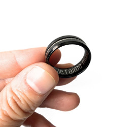 BAGUE ANNEAU HOMME TUNGSTÈNE MASSIF LAQUÉ NOIR & CABLE ACIER