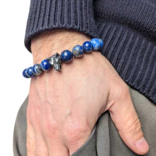 Lapislazuli-Wolfskopf-Armband aus Stahl mit Tigerauge-Perle für Herren