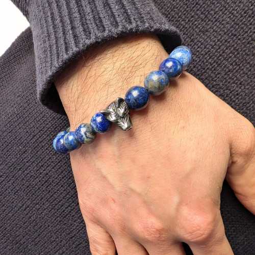 Lapis Lazuli Pulsera con cabeza de lobo de acero con perla de ojo tigre para hombres