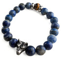 Lazuli Lapis Pulsera Color Azul y Cabeza de lobo de acero con ojo de tigre de cuentas para hombres - 19 a 21 cm