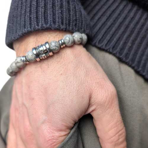 Bracciale Agate Stones protettivo grigio e testa di morte in acciaio inossidabile Biker