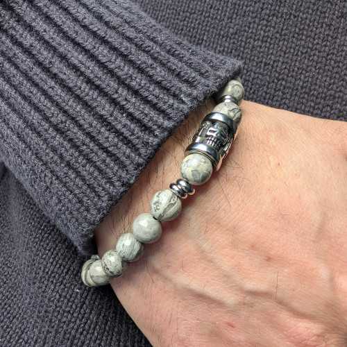 Pulsera de hombres en piedras Agate Piedras grises protectoras con cabeza de muerte en motociclista de acero inoxidable