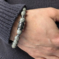 Männer Armband in Achat Steine Schutz Grau und Tod Kopf in Edelstahl Biker