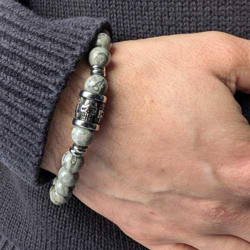 Bracelet pour Homme en Perles Pierres Agate Grise de Protection et Tête de Mort en Acier Inoxydable Biker