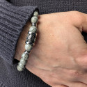 Men's Bracelet in Agate Stones Protective Grey and Death Head in Stainless Steel Biker