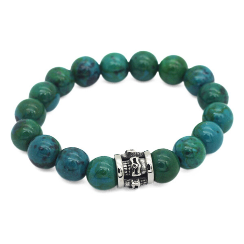 Bracelet Homme en Perles Chrysocolle Pierres de Protection et Tête de Mort en Acier Inoxydable Biker