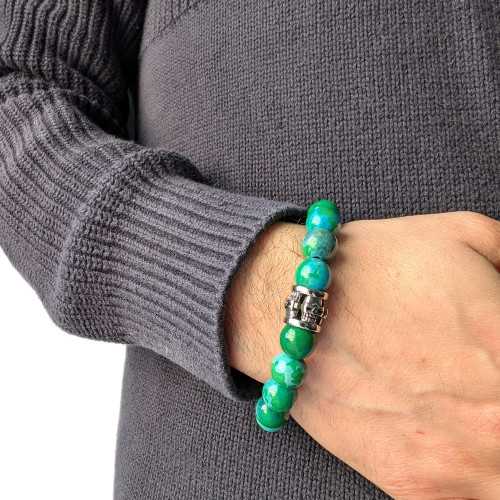 Bracelet pour Homme en Perles Chrysocolle Pierres de Protection et Tête de Mort en Acier Inoxydable Biker