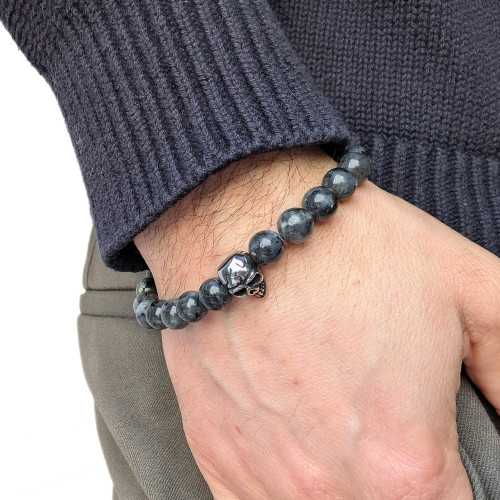 Men's bracelet Agate Dark Gray Protective Stones and Stainless Steel Death Head Biker
