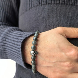 Agate Grey Pulsera de hombres Foncée Piedras protectoras y Cabeza de Muerte en Bicicleta de acero inoxidable