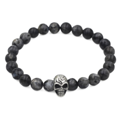 Agate Grey Pulsera de hombres Foncée Piedras protectoras y Cabeza de Muerte en Bicicleta de acero inoxidable