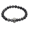 Bracelet Homme Agate Grise Foncée Pierres de Protection et Tête de Mort en Acier Inoxydable Biker