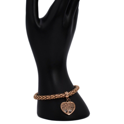 Frauen Armband Popcorn Maille mit Breloc Heart Life Tree Rose Gold Steel - Herzarmband Valentinstag