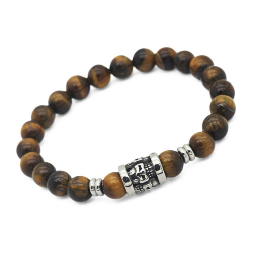 Bracelet for Men Tiger Eye Beads and Death Head in Stainless Steel Biker - 18 to 20 cm