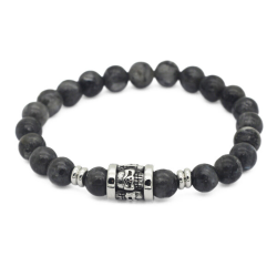 Men's bracelet Agate Grey Threaded With Death Head in Stainless Steel Biker - 18 to 20 cm