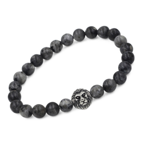 Pulsera de Agate Grey y Cabeza de León en Acero Inoxidable - 18 a 20 cm