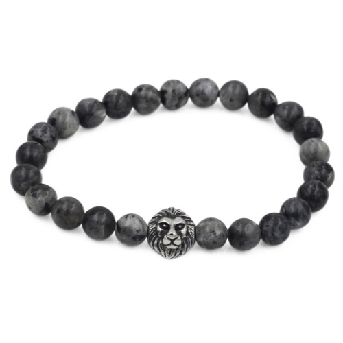 Pulsera de Agate Grey y Cabeza de León en Acero Inoxidable - 18 a 20cm