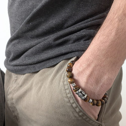 Bracelet Homme Perles Oeil de Tigre et Tête de Mort en Acier Inoxydable Biker - 18 à 20 cm