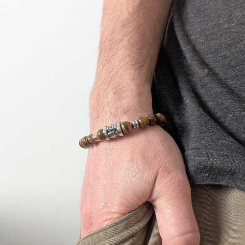 Bracelet for Men Tiger Eyestones and Death Head in Stainless Steel Biker - 18 to 20 cm