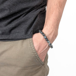 Men's bracelet Agate Grey Threaded With Death Head in Stainless Steel Biker - 18 to 20 cm