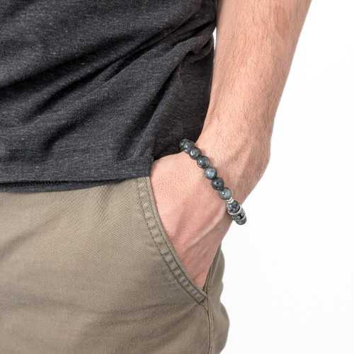 black Agate Stone Men's Bracelet Anthracite and Death Head in Stainless Steel Biker - 18 to 20 cm