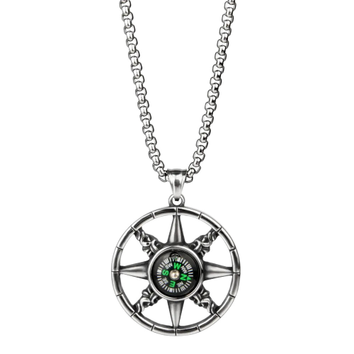 Chain and Travel Compass Pendant for Men in Stainless Steel