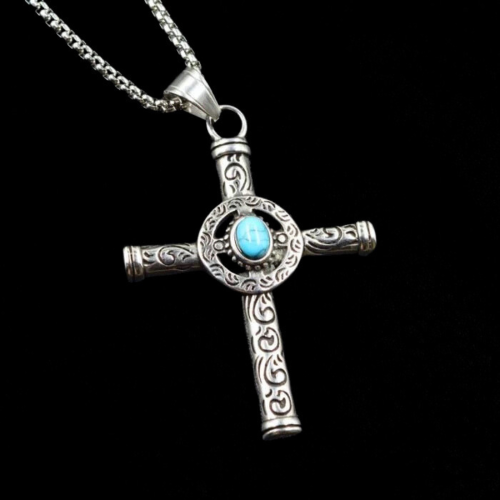 Grand Cross Pendant con Stone Turchese Style Viking - Catena in acciaio inox da uomo inclusa