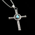 Grand Pendentif Croix avec Pierre Turquoise Style Viking - Chaine pour Homme Acier Inoxydable Incluse