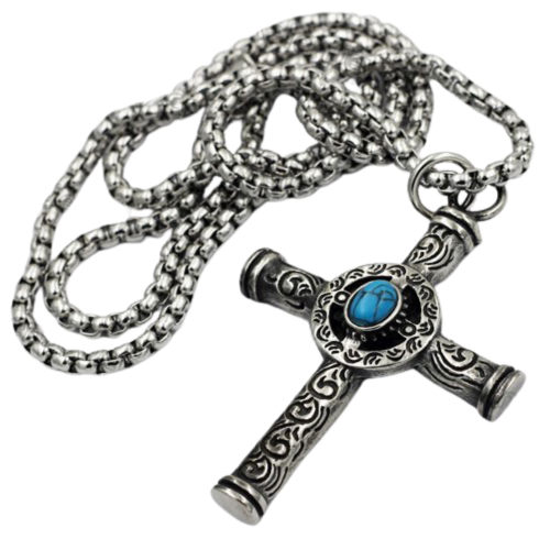 Colgante de la Gran Cross con la piedra turquesa Estilo Vikingo - Cadena de Hombre de Acero Inoxidable incluido