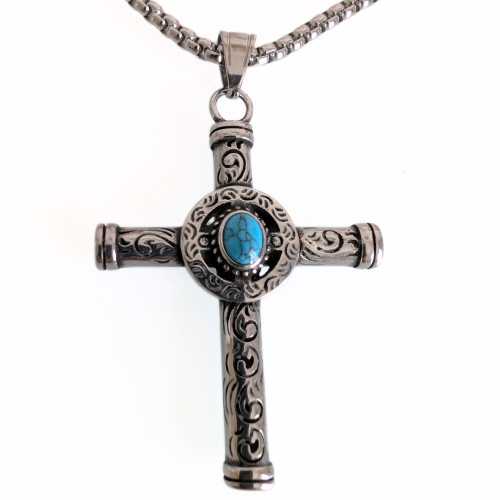 Big Cross Pendant with Turquoise Stone Viking Style - Hand Chain Stainless Steel Included