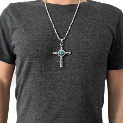 Grand Pendentif Croix avec Pierre Turquoise Style Viking - Chaine pour Homme en Acier Inoxydable Incluse