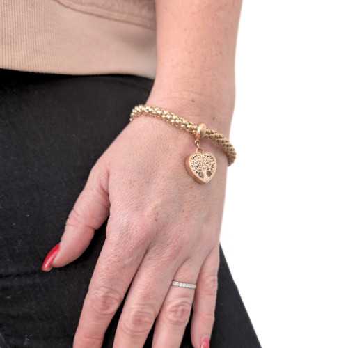 Bracelet Femme à Maille Popcorn Avec Breloque Cœur Arbre de Vie Acier Or Rose avec Coeur Saint Valentin
