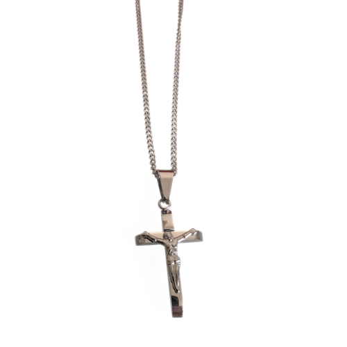 Kreuzanhänger mit Christus Jesus Crucifix Silber Stahl - Kubanische Kette inklusive