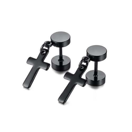 Boucles d'oreilles stud Homme Puce avec Pendentif Croix en Acier Inoxydable Noire